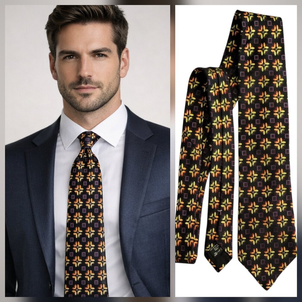 Ermenegildo Zegna Silk Tie Italy Black Multicolor Geometric Floral Y2K Vintage